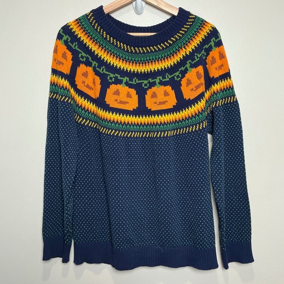 Modcloth Sweaters - ModCloth Sweater Womens XL Navy Blue Pumpkin Fair Isle Halloween Cotton
